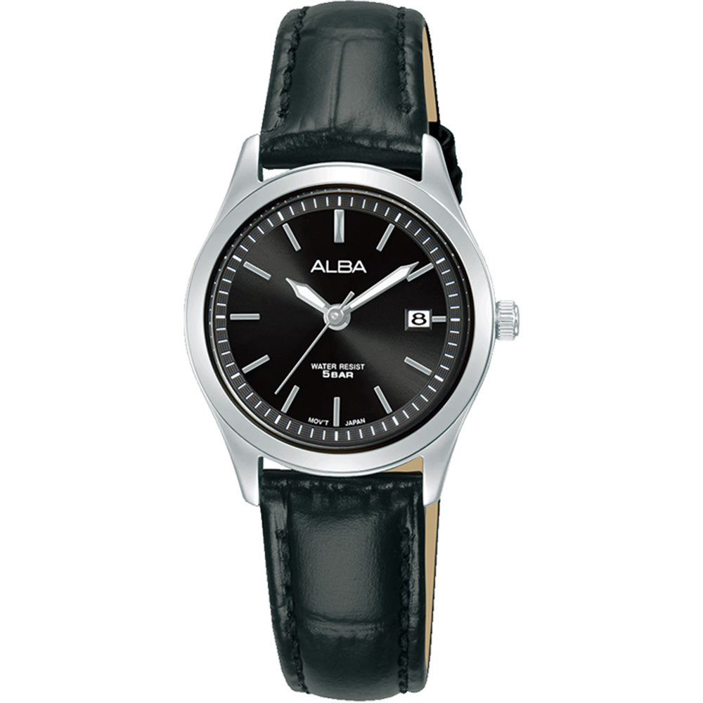 Alba Prestige AH7CG5X Elegant Stainless Steel Leather Strap Wristwatch