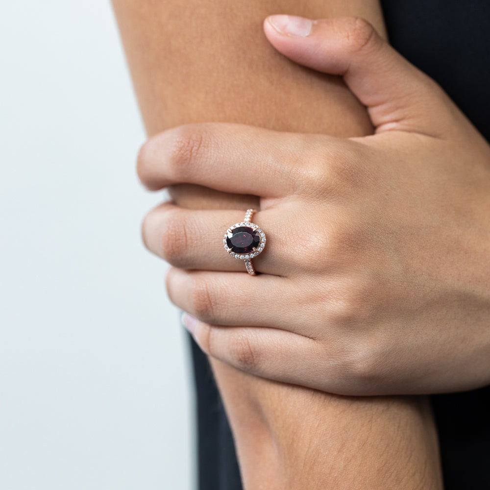 10x8mm Oval 9ct Rose Gold Ring with Rhodolite Garnet and 0.34ct Diamonds