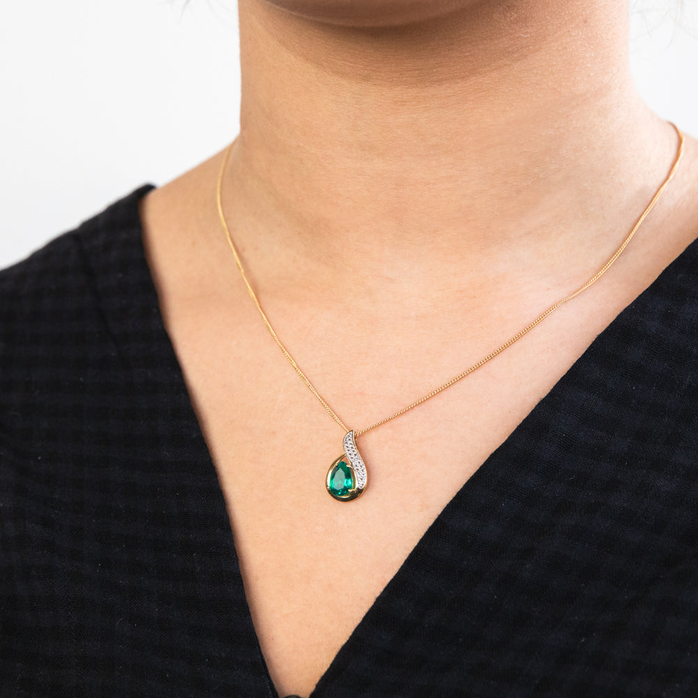 Stunning 9 Carat Created Emerald and Diamond Drop Pendant for a Glamorous Look