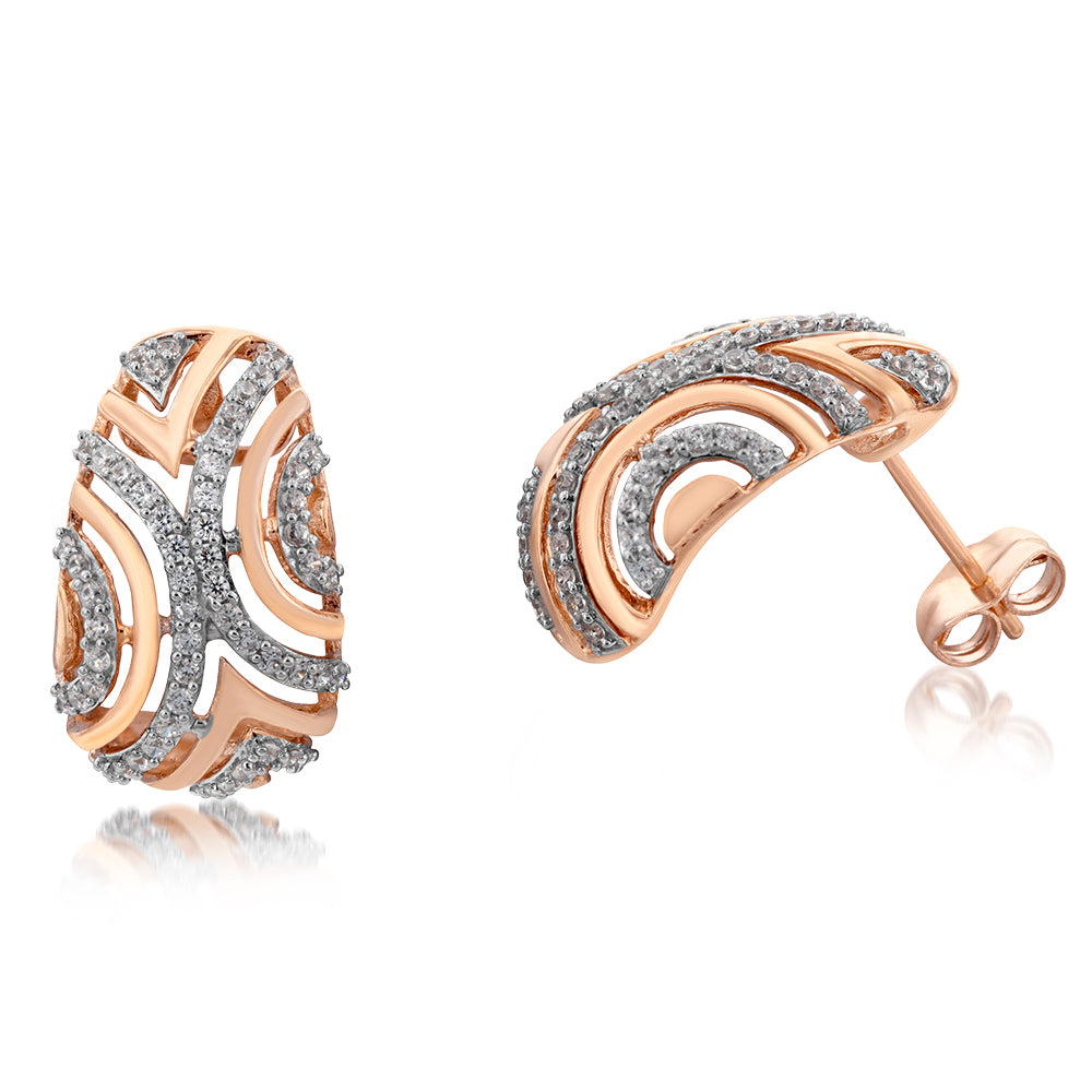 Stylish 9 Carat Rose Gold Patterned Cubic Zirconia Semi - Hoop Drop Earrings for Women