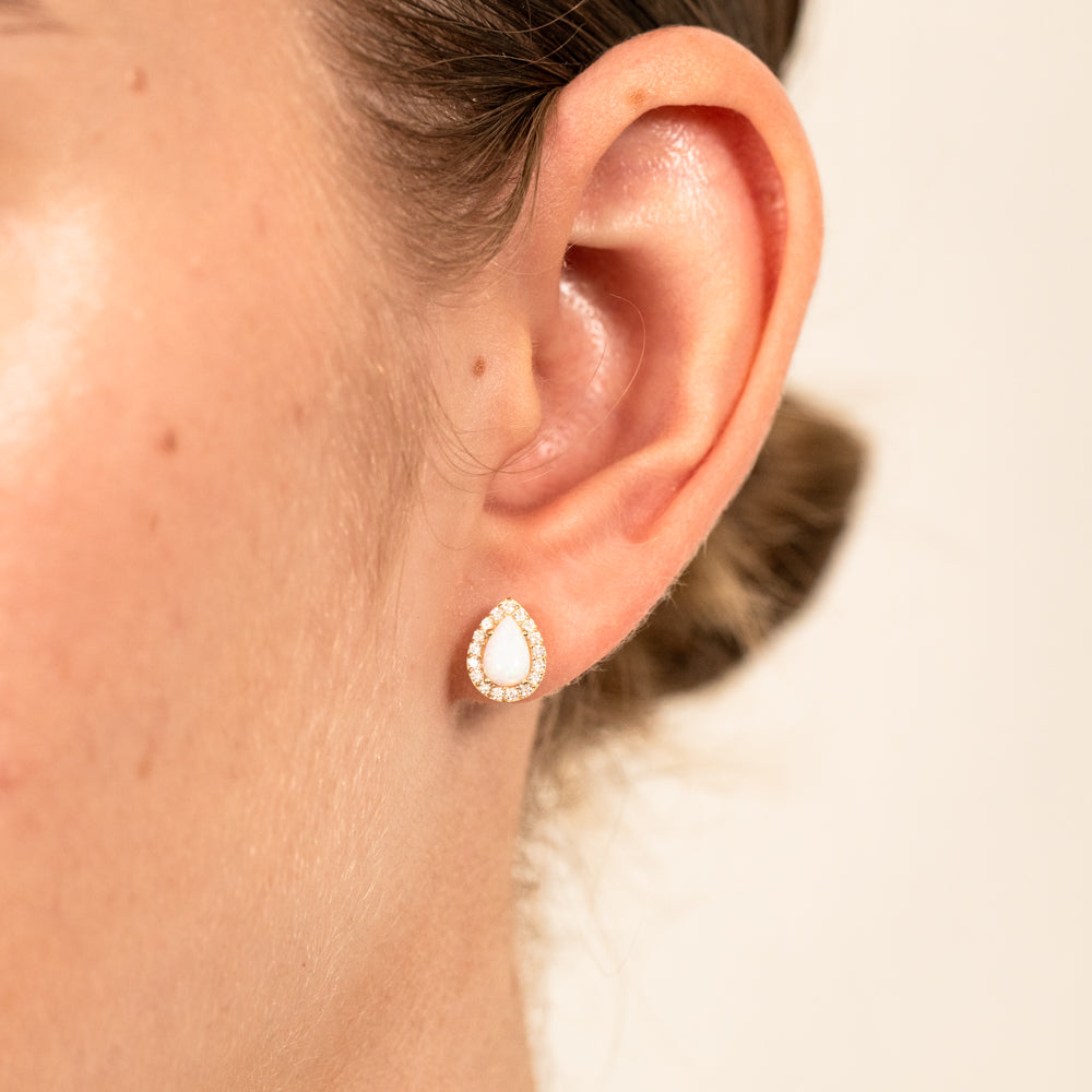 Exquisite 9ct Yellow Gold Teardrop-shaped Stud Earrings with Lab-created Opal and Zirconia