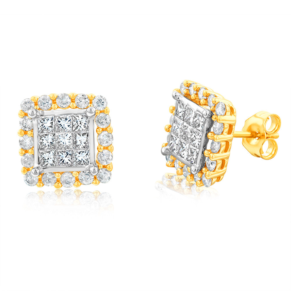 Exquisite 2 Carat Diamond Cluster Stud Earrings Crafted in 10 Carat Yellow and White Gold, Ideal Jewelry for Special Occasions