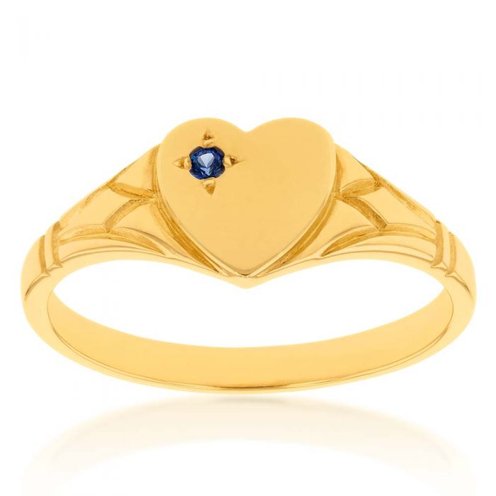 9 Carat Yellow Gold Sapphire Heart-Shaped Signet Ring in Size L - A Timeless Jewelry Piece