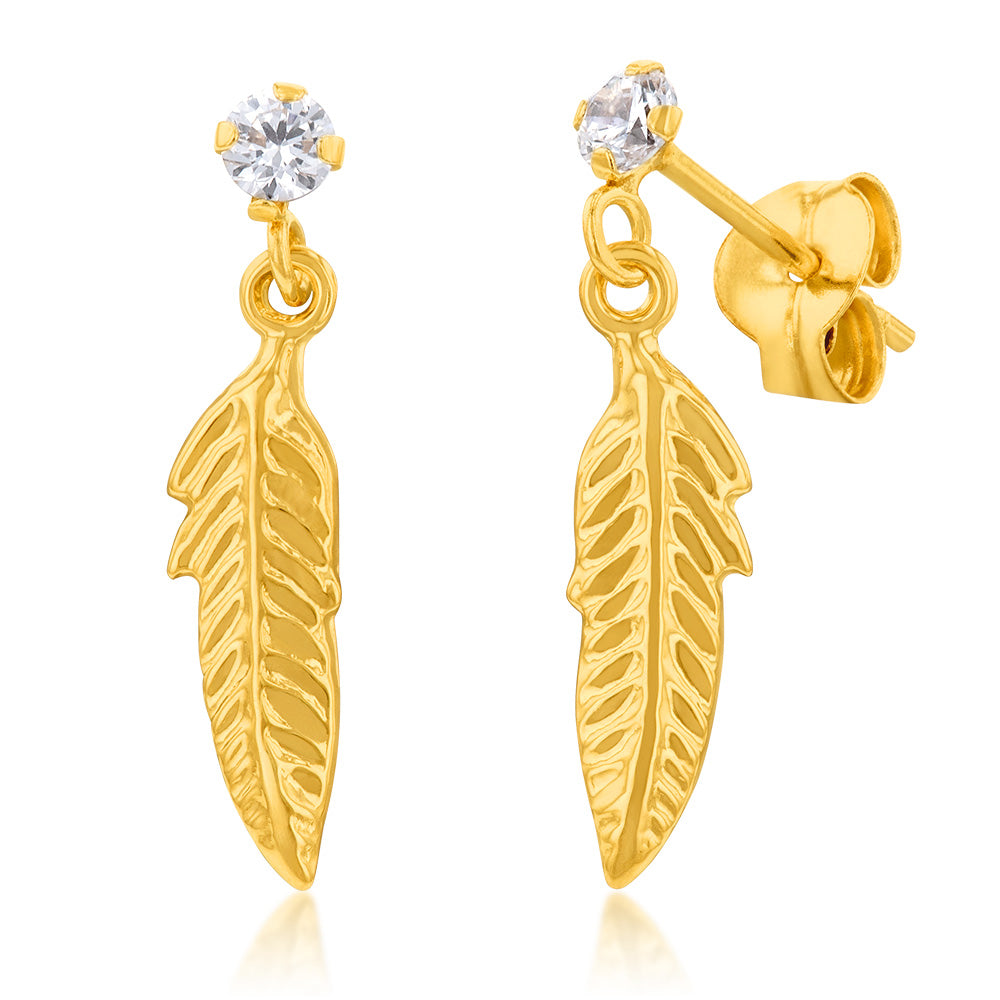 9ct Yellow Gold Zirconia Feather-style Drop Earrings for Bird-lovers