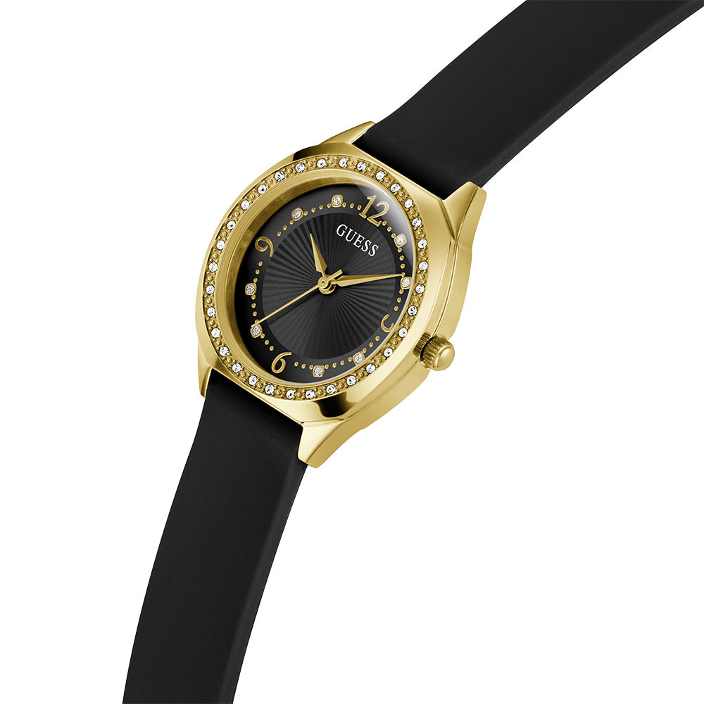 Guess Charlotte GW0820L1 Luxury Gold-Tone PVD Quartz Watch with Crystal-Embellished Bezel and Black Leather Strap