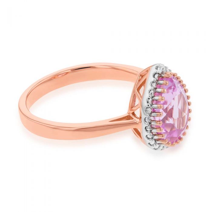 Exquisite 9ct Rose Gold Ring with Created Peach Sapphire and Diamond in Pear Cut