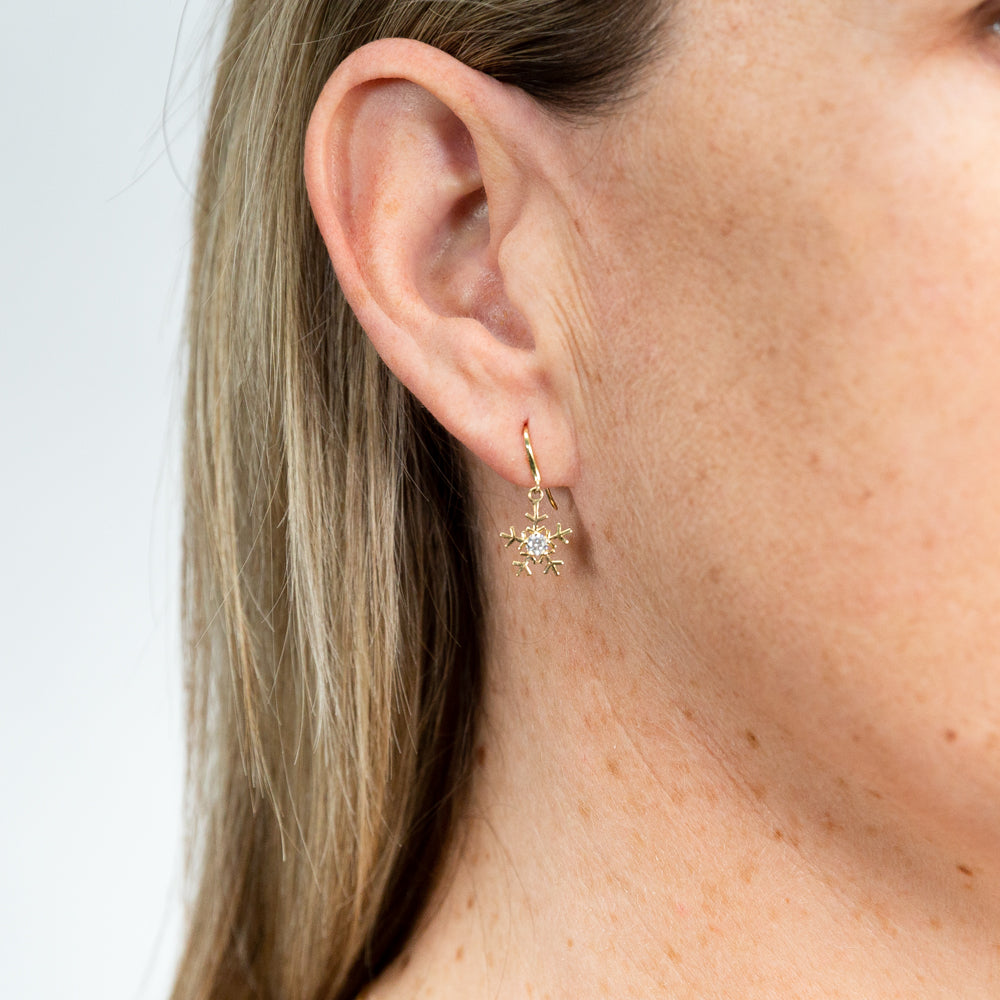 Stunning 9ct Yellow Gold Zirconia-Enhanced Snowflake Drop Earrings