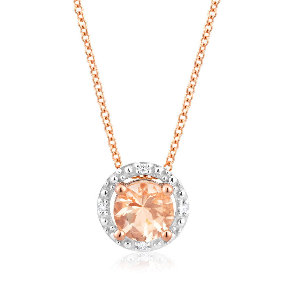 45cm Chain 9 Carat Rose Gold Pendant Featuring Morganite with a Diamond Halo