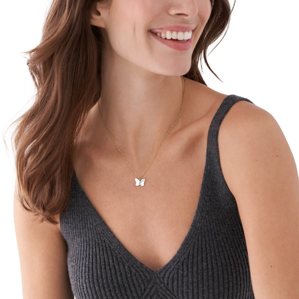 Fossil White Mother of Pearl Butterfly Pendant with Yellow Gold Plated Stainless Steel Chain