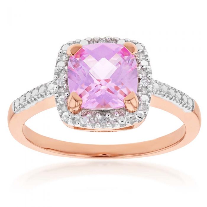 Stunning 9 Carat Rose Gold Ring with Lab-Created Peach Sapphire and Diamond Accents in Cushion Cut Design
