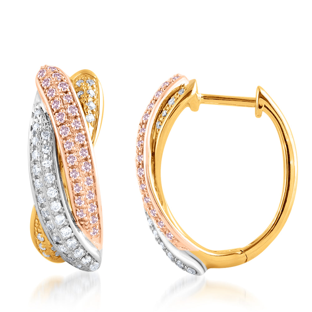 Exquisite 9ct White, Yellow, and Rose Gold 3/4 Carat Diamond Earrings Featuring Pink Argyle Diamonds - Jewelry