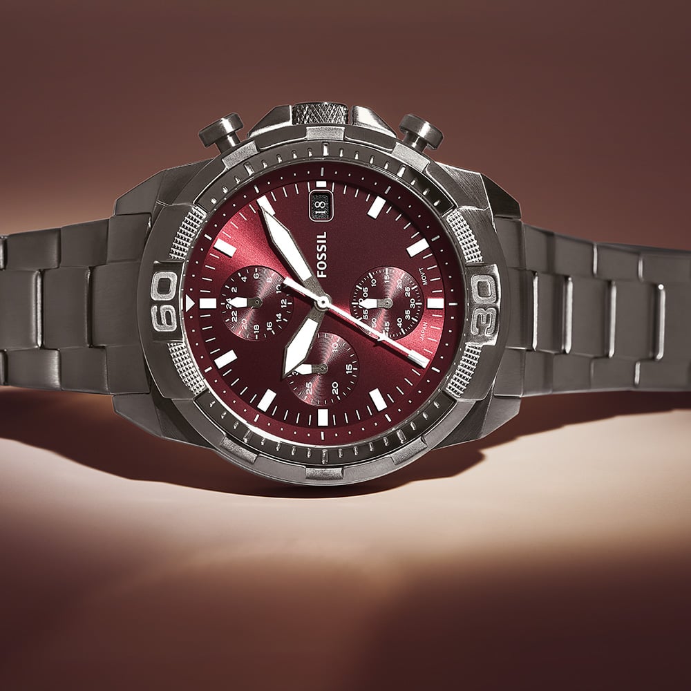 Fossil Bronson FS6017 Men's Chronograph Watch with Sleek Grey Case and Burgundy Dial