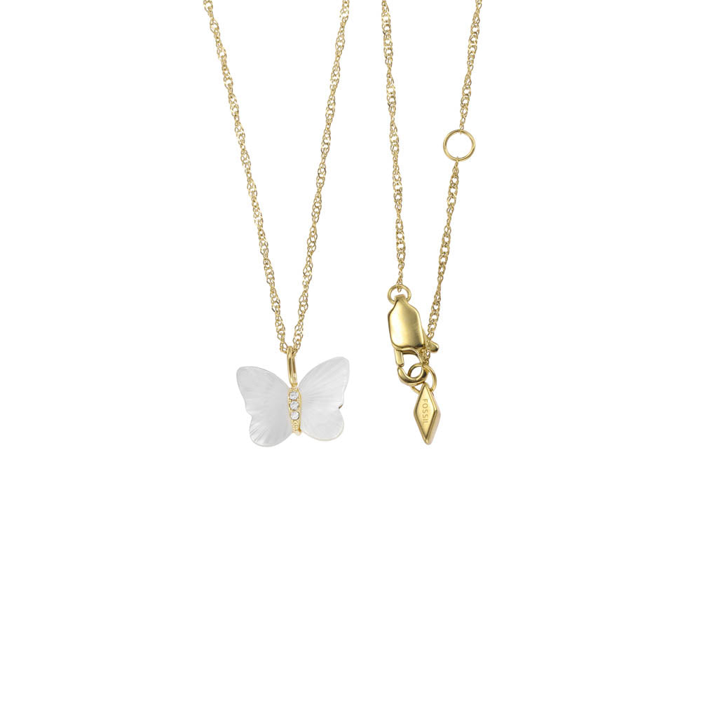 Fossil White Mother of Pearl Butterfly Pendant with Yellow Gold Plated Stainless Steel Chain