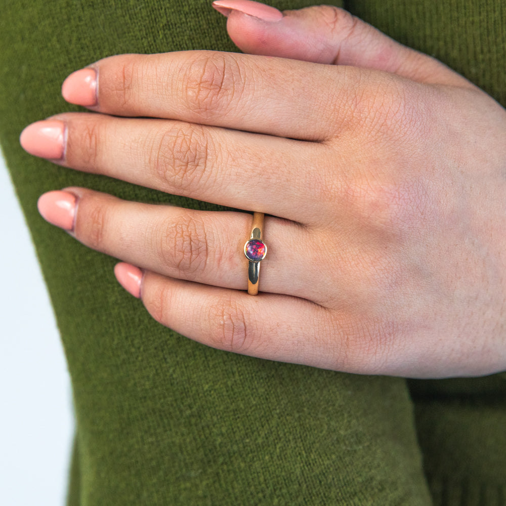 9-carat Yellow Gold Triplet Opal Round Bezel Ring with 5mm Diameter, Limited Resizing (1 - 2 Sizes Only)