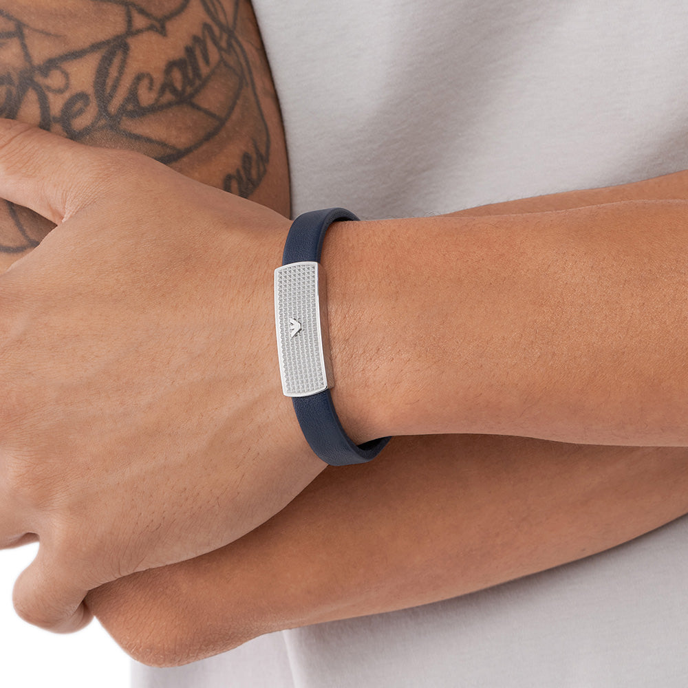 Stylish Emporio Armani Blue Leather and Stainless Steel ID Bracelet