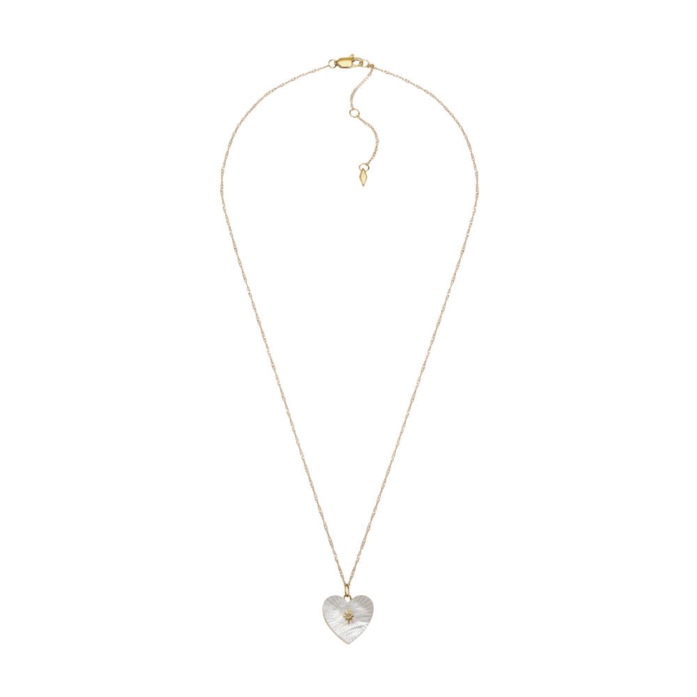 Fossil White Mother Of Pearl Heart Locket Pendant in Yellow Gold Plated Stainless Steel on Chain