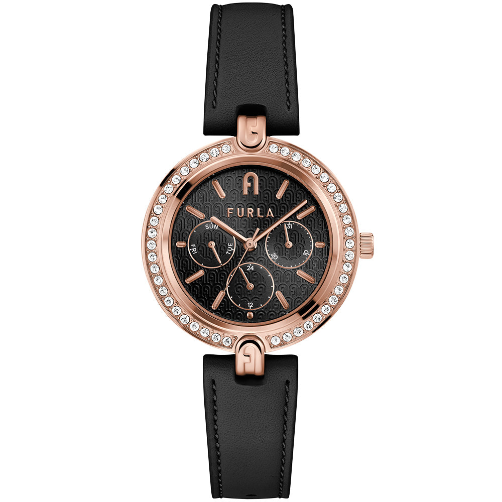 Furla Black Leather Strap Rose Gold Plated Women's Logo Watch