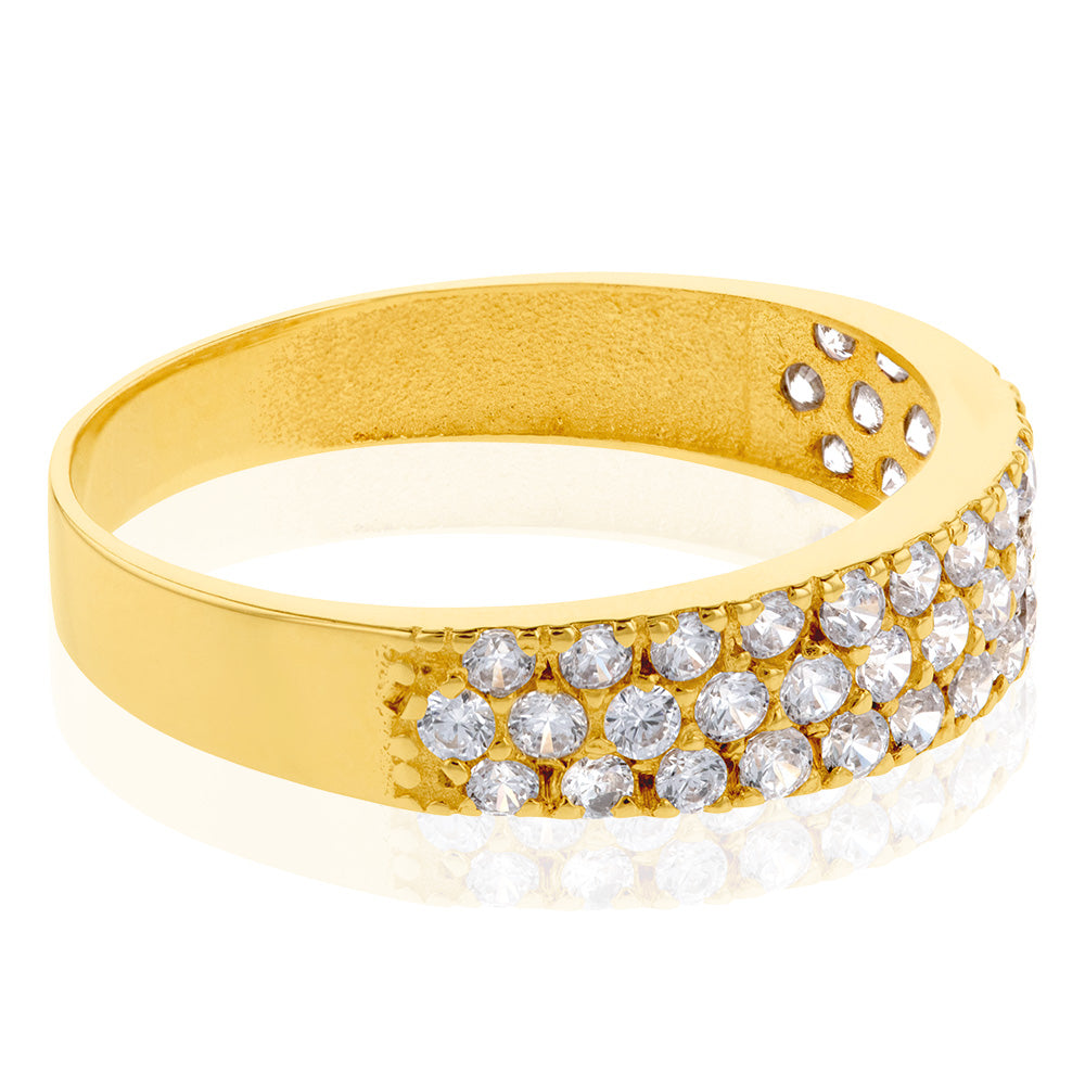Stylish 9ct Yellow Gold Three - Row Zirconia Claw - Set Ring