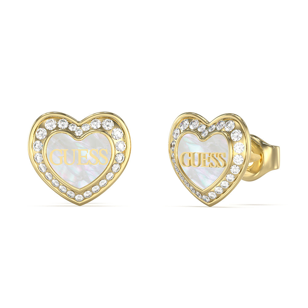 Guess Branded Gold - Coated Stainless - Steel 12mm Mother - of - Pearl and Crystal Embellished Stud Earrings for Fashion Lovers