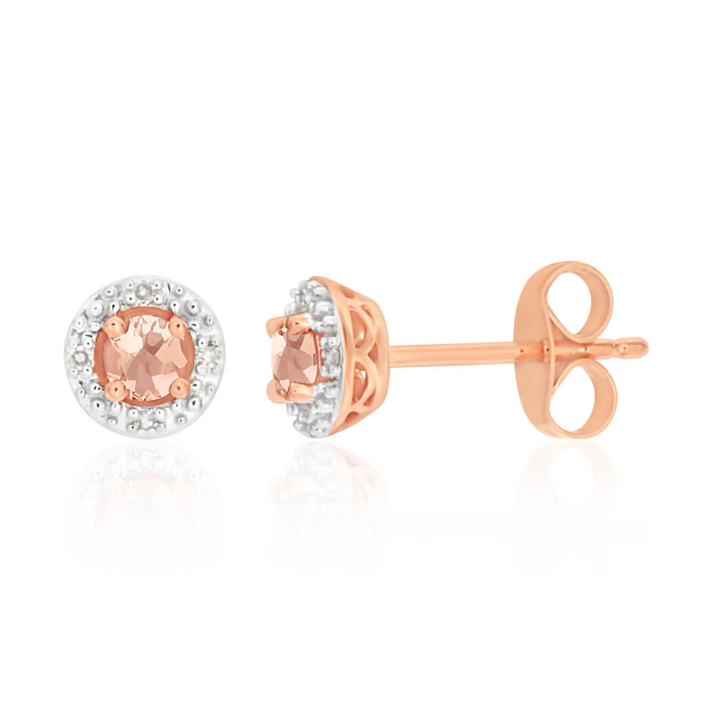 Exquisite 9-carat Rose Gold Stud Earrings with Morganite and Diamond Halo