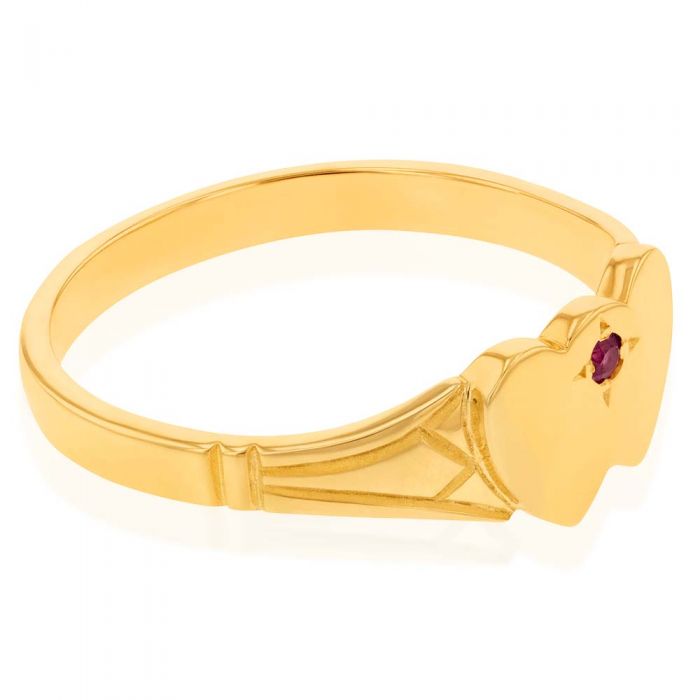 9ct Yellow Gold Ruby Double Heart Signet Ring in Size H