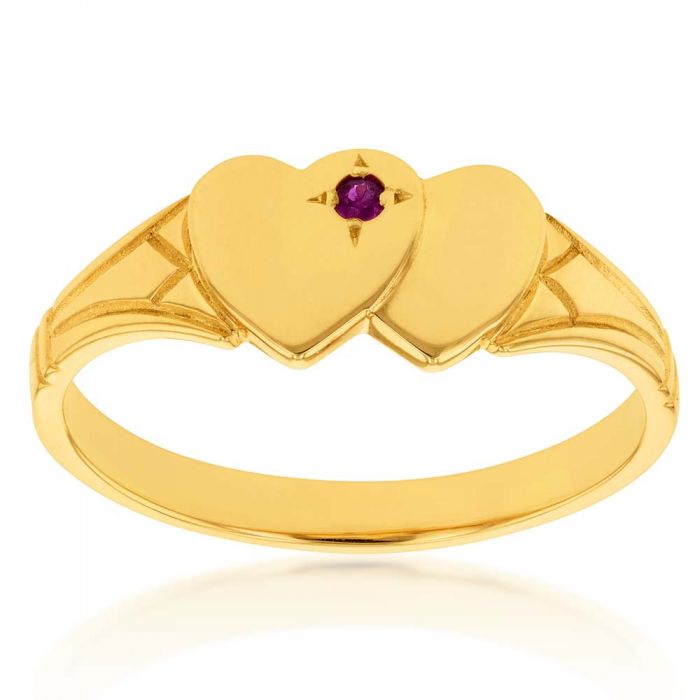 9ct Yellow Gold Ruby Double Heart Signet Ring in Size H