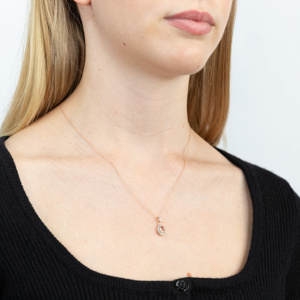 Stunning 9 Carat Rose Gold Morganite Pear and 0.15 Carat Diamond Pendant with a 45cm Chain - A Timeless Jewelry Piece