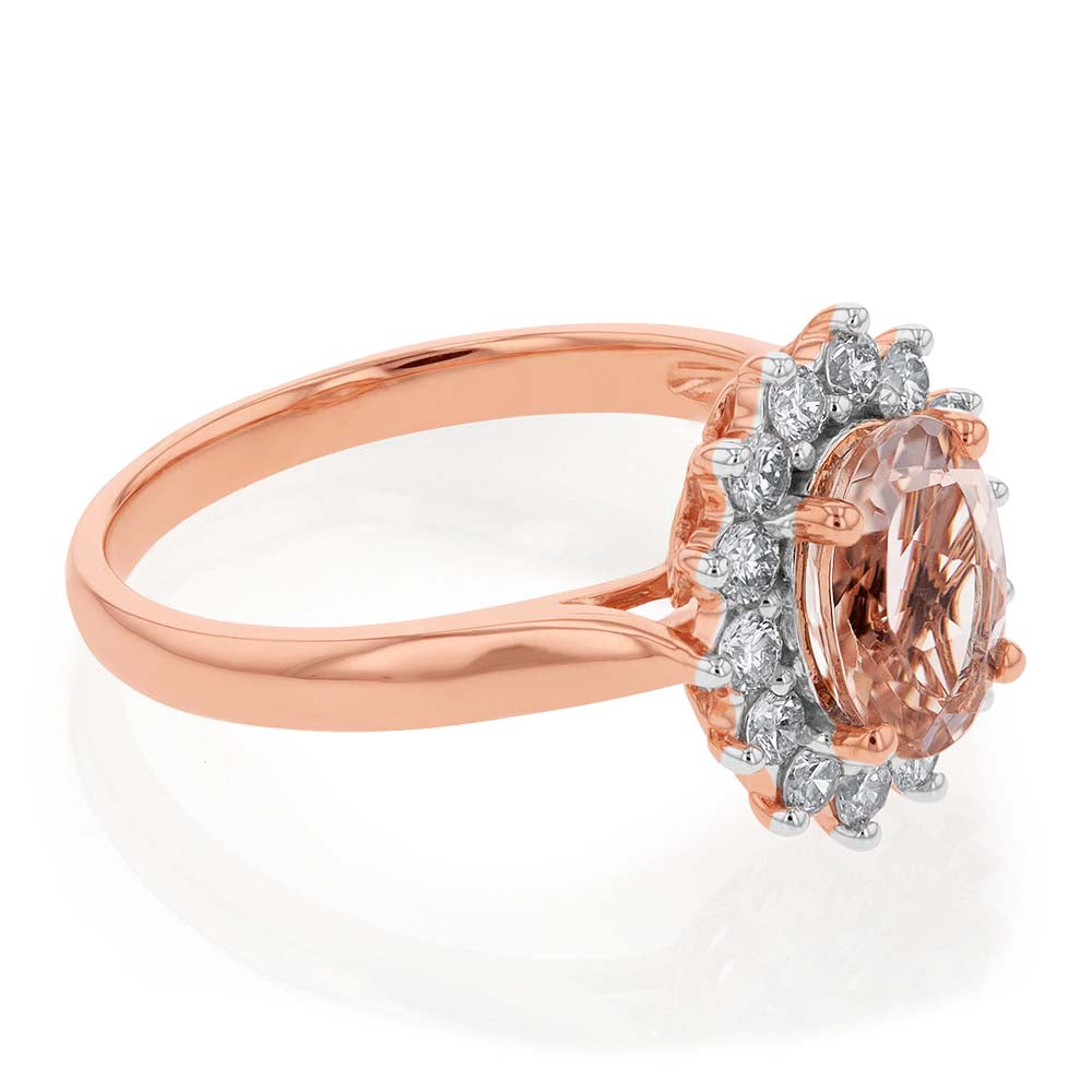 Exquisite 9ct Rose Gold Ring with 1.50ct Morganite and 0.50ct Diamond Halo