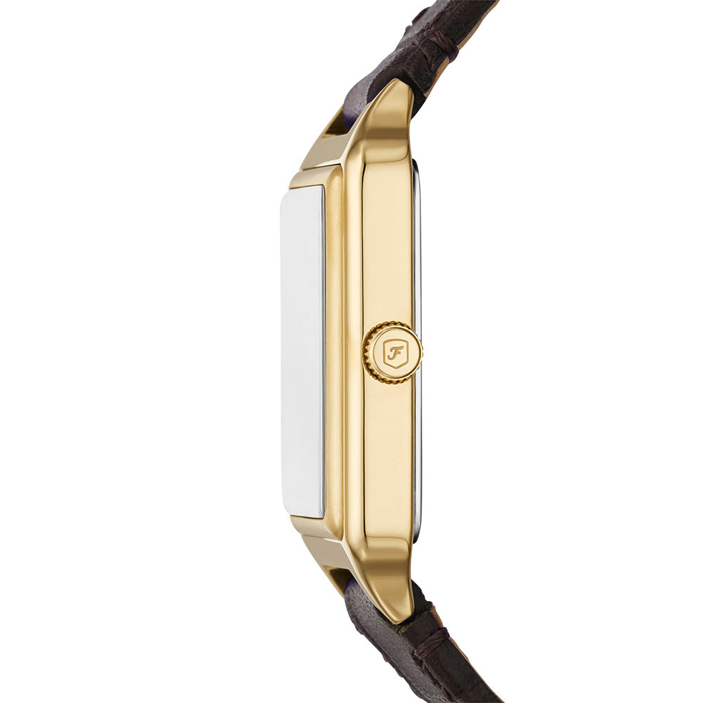 Fossil Raquel ES5367 Gold Rectangular Watch with Brown Leather Strap