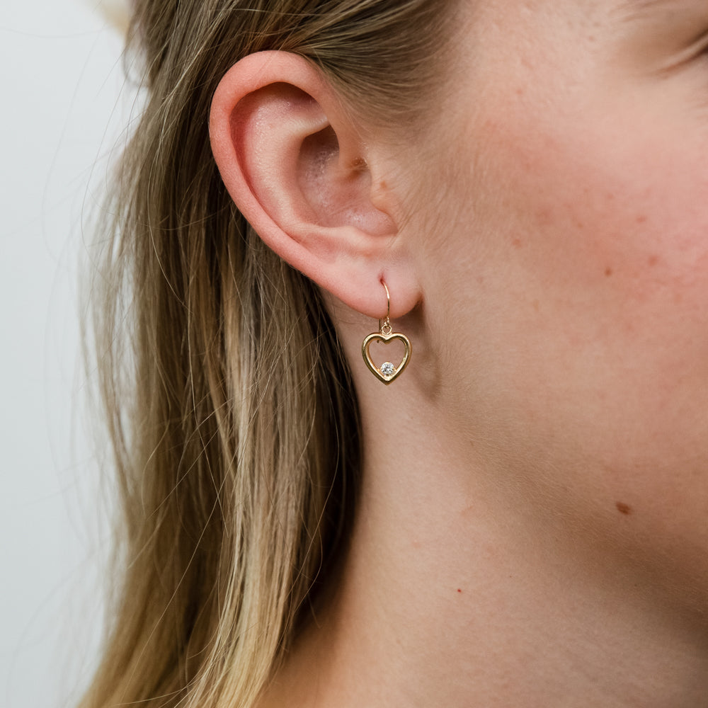 Stylish 9ct Yellow Gold Zirconia Open Heart Hook Drop Earrings for Daily Wear