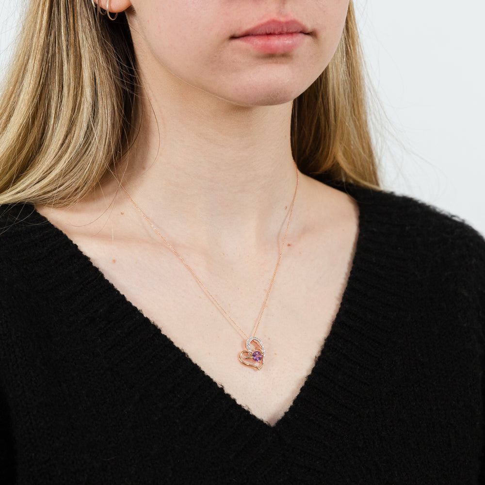 9-carat Rose Gold Amethyst and Diamond Heart-shaped Pendant Necklace with a 45cm Chain
