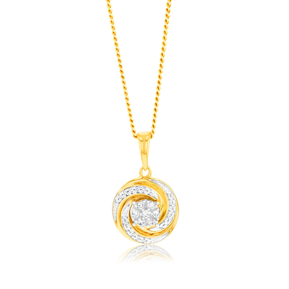 9ct 3-Tone 1/10 Carat Swirl Diamond Pendant with 28 Round Brilliant Diamonds in White, Rose & Yellow Gold
