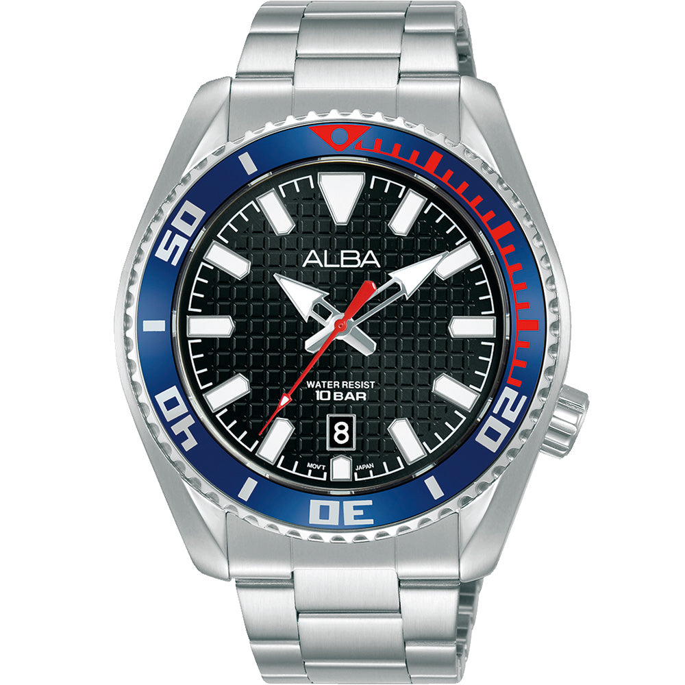 Alba AS9N99X Stainless Steel Men's Wristwatch with Blue, White and Red Bezel