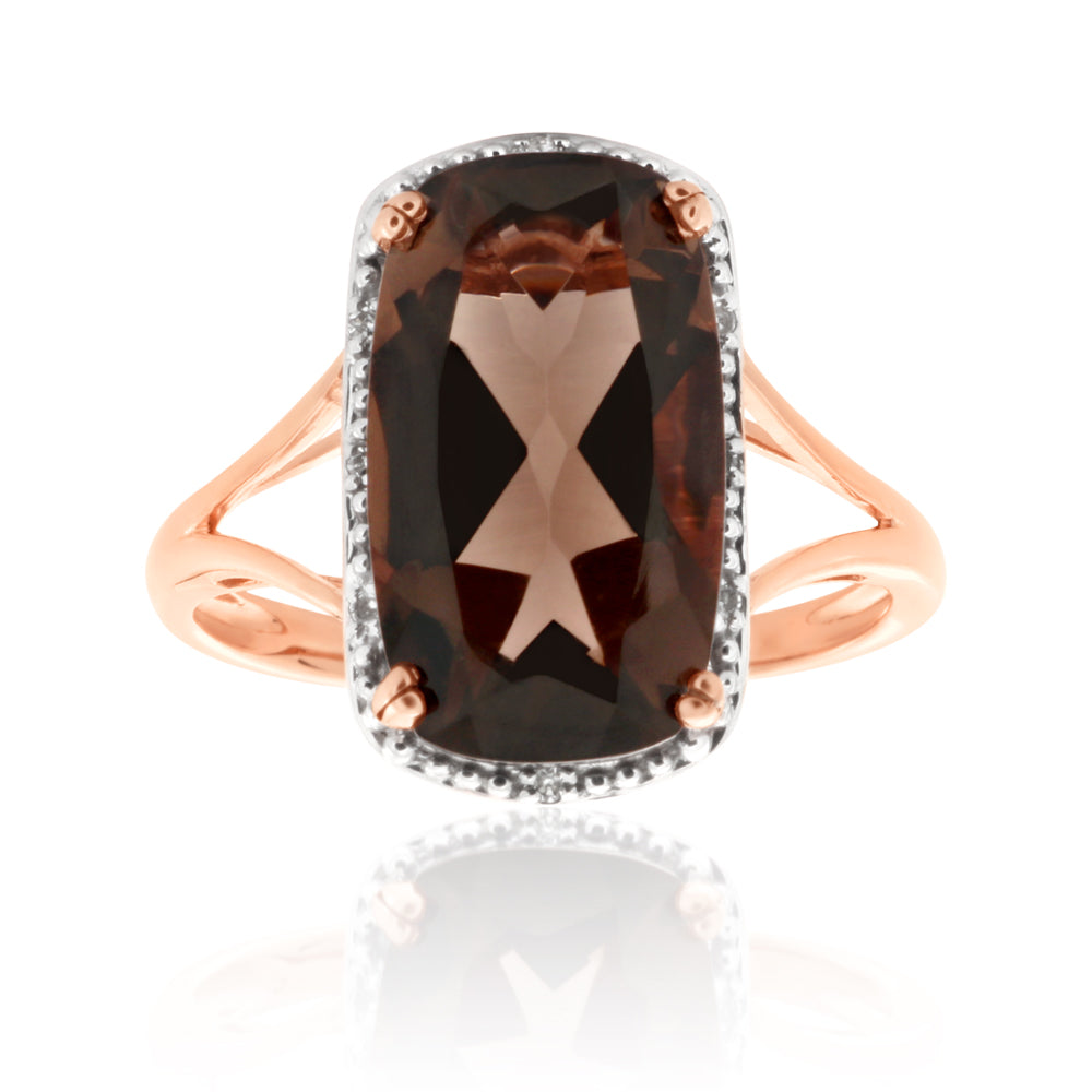 9 Carat Rose Gold Ring with 4.00 Carats of Smoky Quartz and Diamonds - Non - Resizable