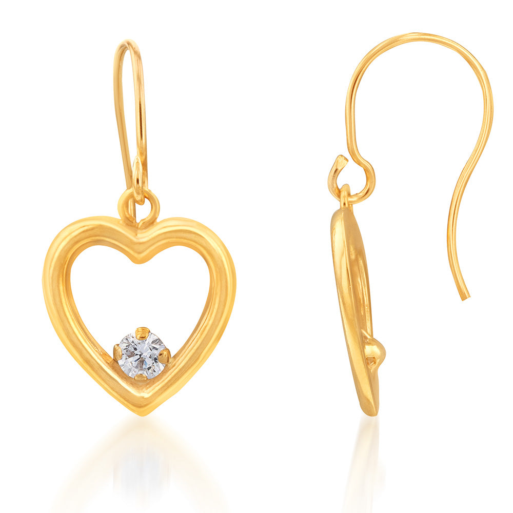 Stylish 9ct Yellow Gold Zirconia Open Heart Hook Drop Earrings for Daily Wear