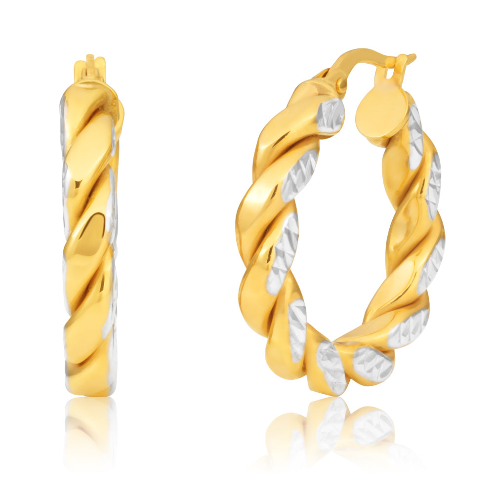 Stunning 9ct Two-Tone 15mm Fancy Twist Diamond Cut Hoop Earrings