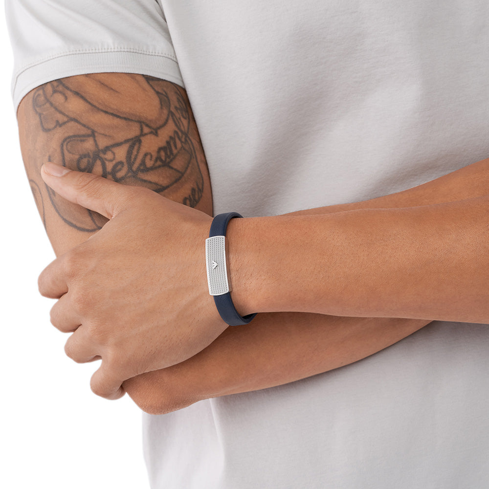 Stylish Emporio Armani Blue Leather and Stainless Steel ID Bracelet