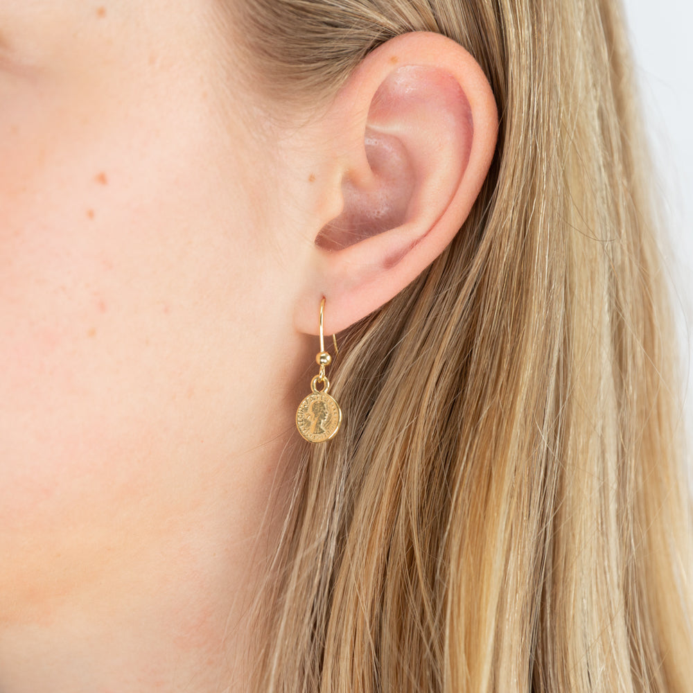 Stylish 9ct Yellow Gold Drop Hook Earrings with Sovereign Coins (9.5 mm Diameter)