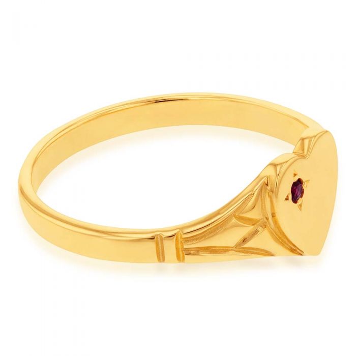 9ct Yellow Gold Ruby Heart Signet Ring in Size L - A Stunning Jewelry Piece