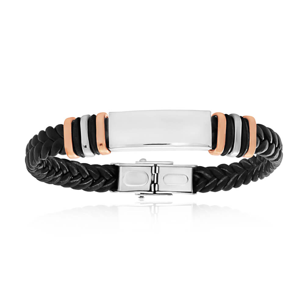 19.5cm Elegant Forte Bracelet in Stainless Steel and Plated Rose Gold with Black Leather