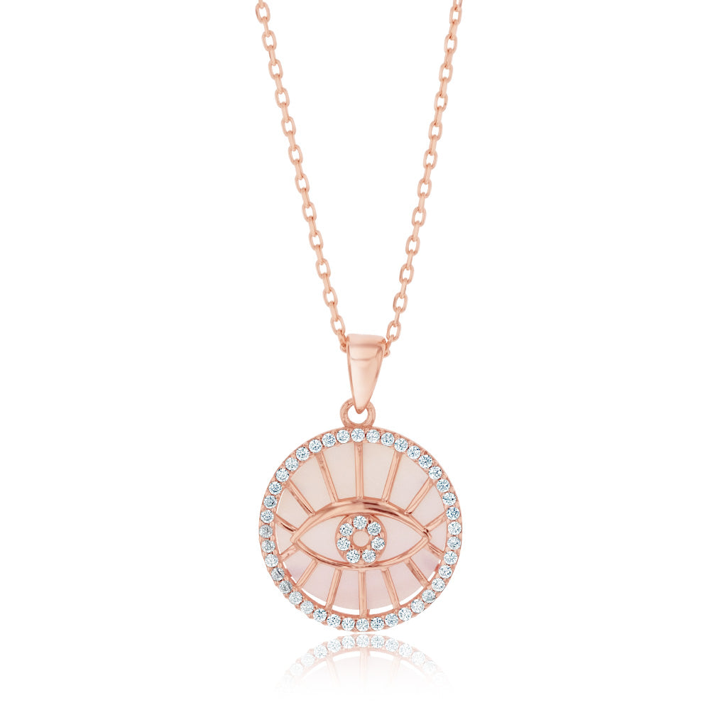 9ct Rose Gold Pendant with Cubic Zirconia, Mother Of Pearl Evil Eye on Chain