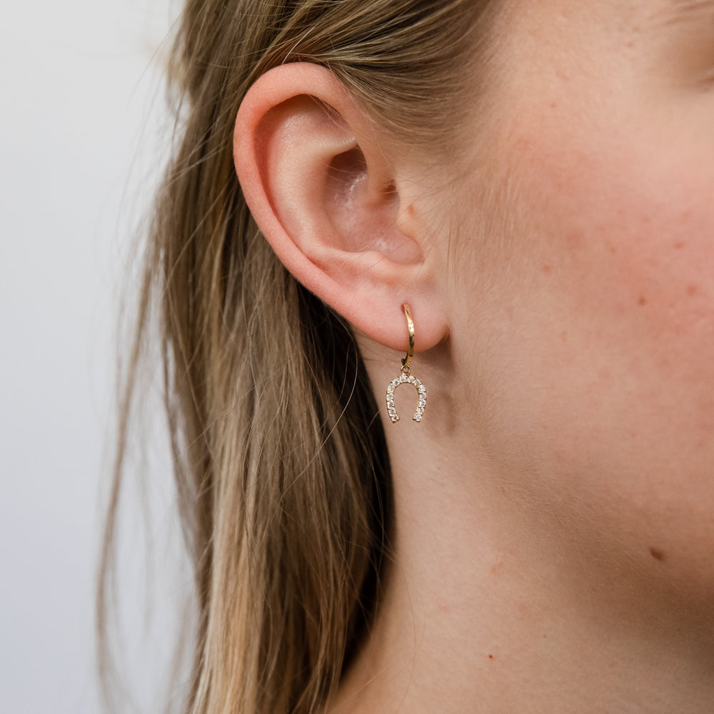 Exquisite 9 Carat Yellow Gold Zircon - Adorned Horseshoe - Shaped Drop Earrings for Jewelry Lovers