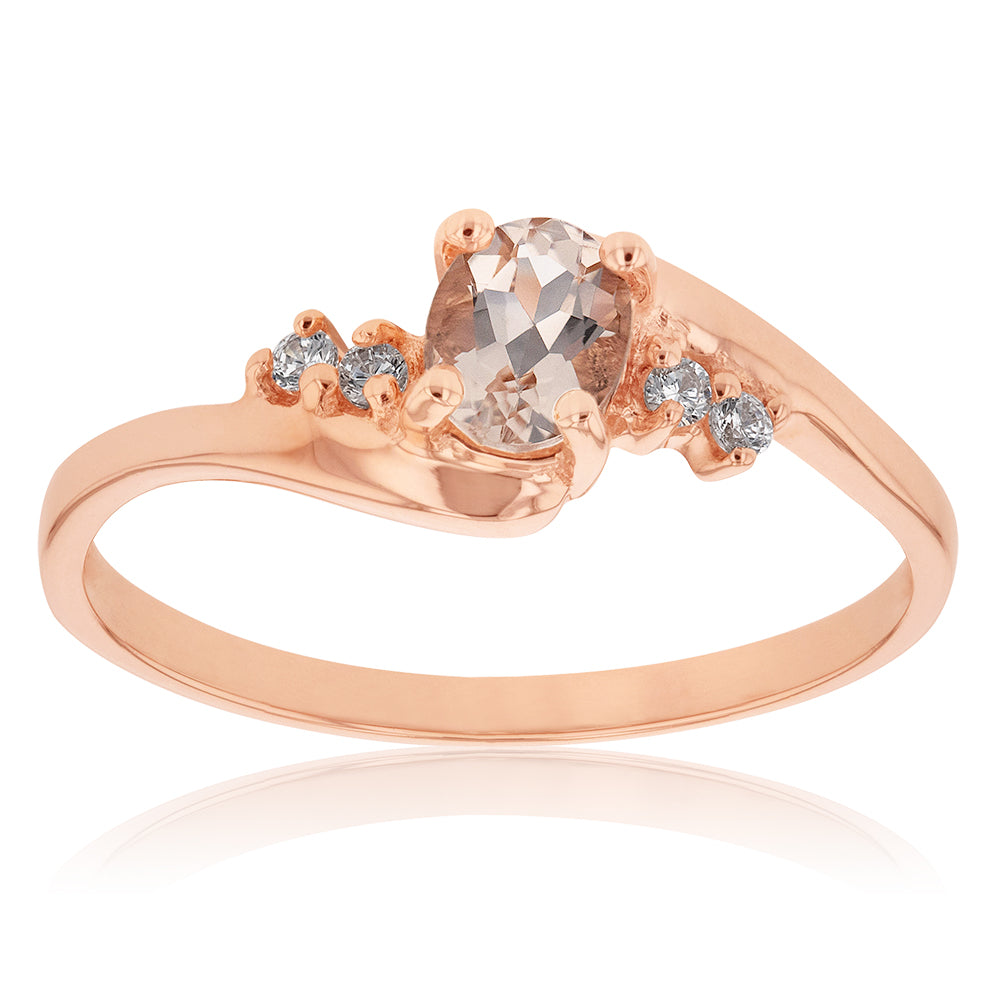 Exquisite 9ct Rose Gold Oval Ring with Morganite and Zirconia (Resizable 1 - 2 Sizes)
