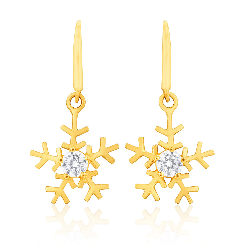 Stunning 9ct Yellow Gold Zirconia-Enhanced Snowflake Drop Earrings