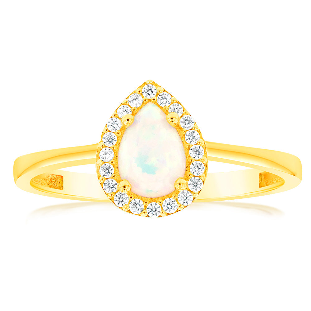Stunning 9ct Yellow Gold Opal Pear & Cubic Zirconia Ring