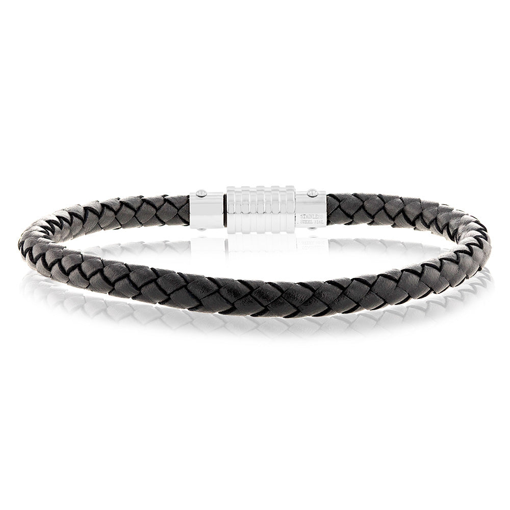 Forte Stylish Stainless Steel Bracelet with Black Leather Strap, 21.5cm