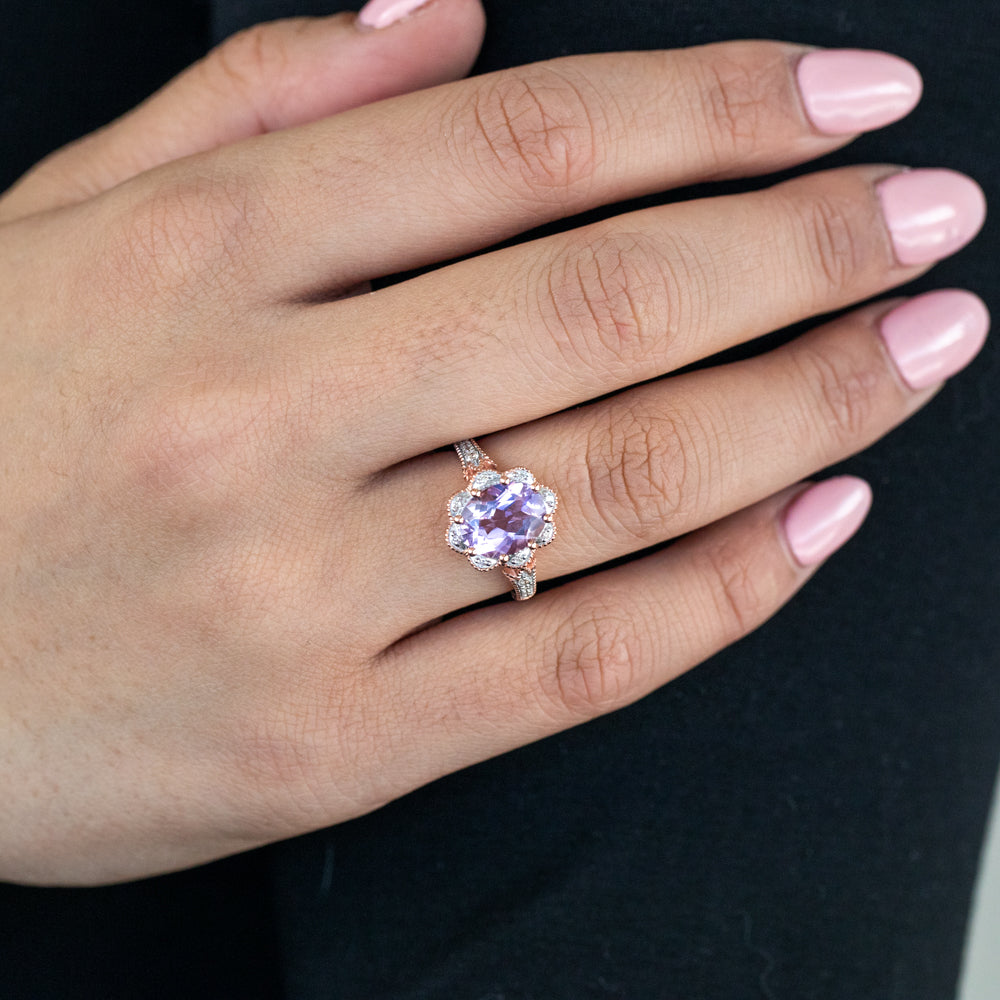 Exquisite 9 Carat Rose Gold Ring Set with 2.40 Carat Rose Amethyst and 1/10 Carat Diamonds