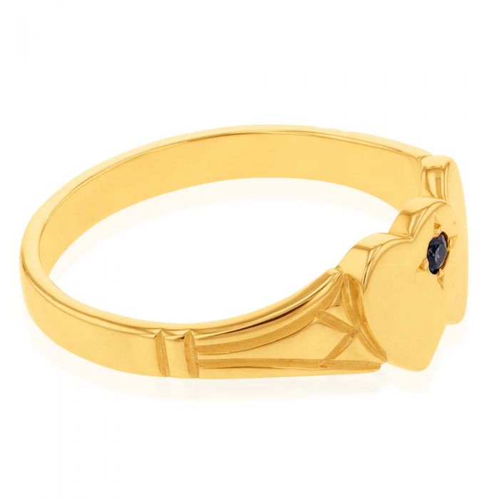 9 Carat Yellow Gold Sapphire Double Heart Signet Ring in Size L - A Timeless Jewelry Piece