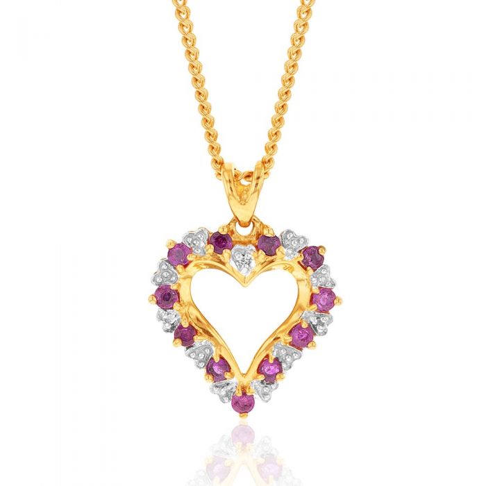 Exquisite 9ct Yellow Gold Natural Ruby and Diamond Heart-shaped Pendant for Women's Jewelry Collection