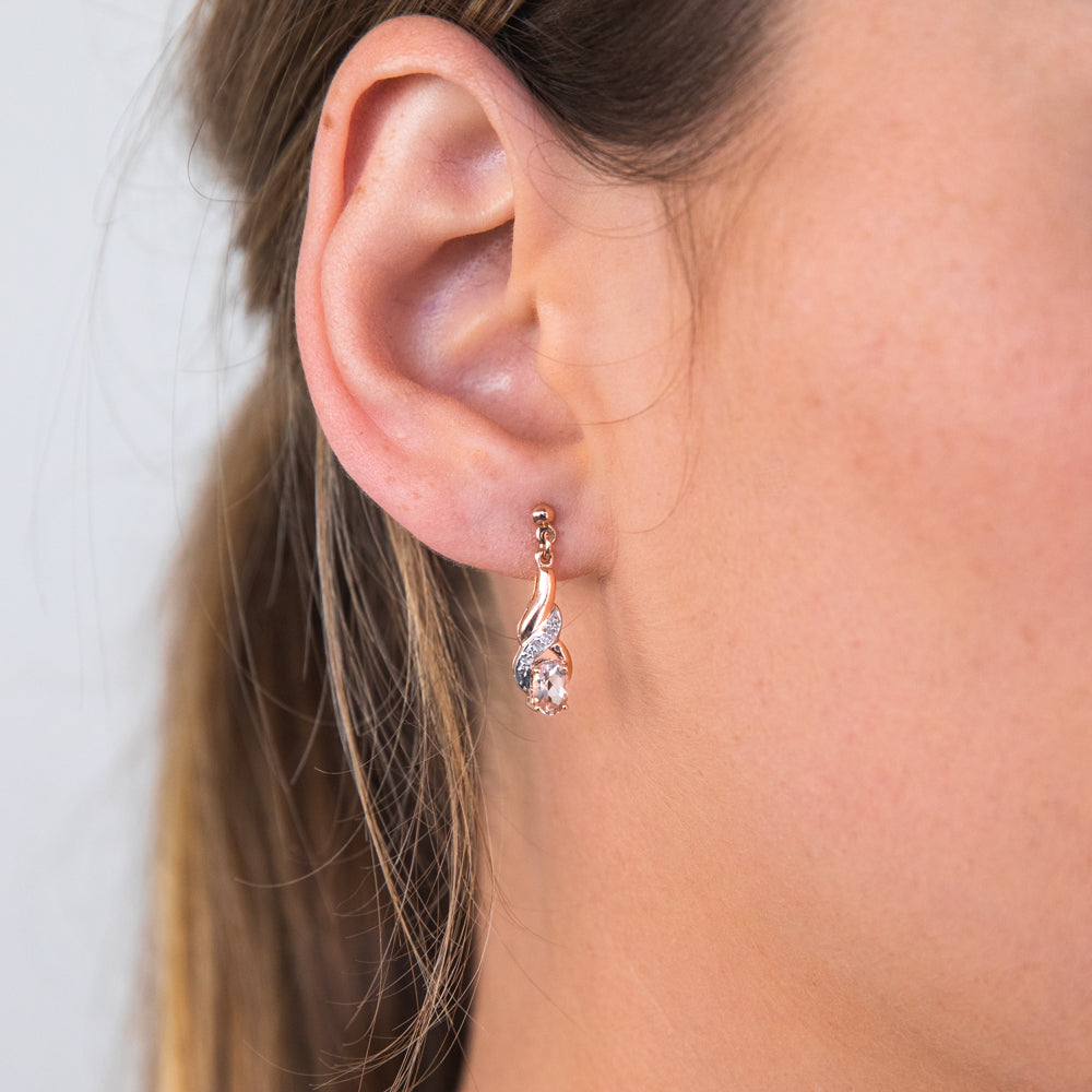 Stunning 9ct Rose Gold Oval Drop Earrings with Morganite and Diamonds